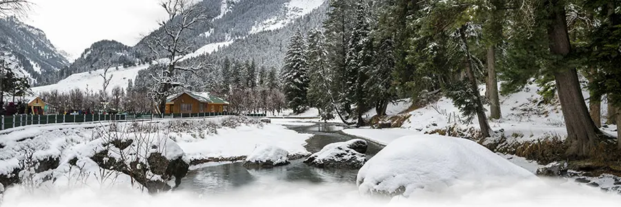 Pahalgam in Jammu & Kashmir with snow-covered Lidder Valley and peaceful winter landscapes