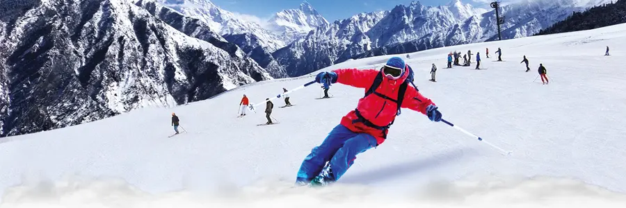 Auli in Uttarakhand with snow-covered skiing slopes and Himalayan views