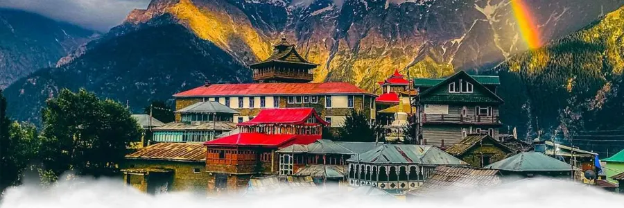 Kalpa village in Himachal Pradesh with light snowfall and Kinnaur Kailash views