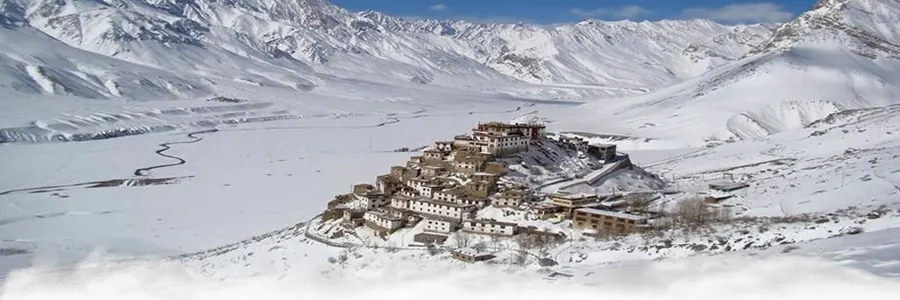 Spiti Valley in Himachal Pradesh during heavy snowfall and snow-covered monasteries